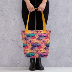 80s tropical sunset tote bag